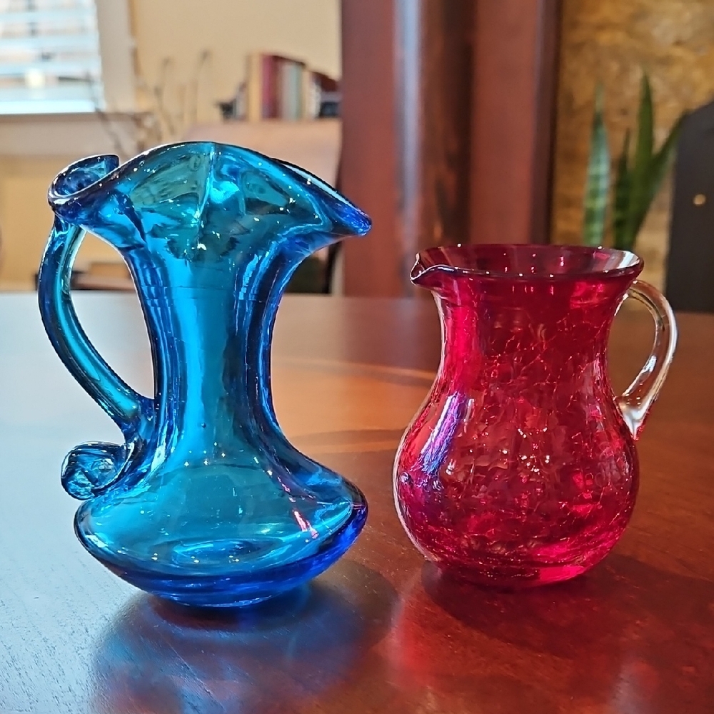Handblown MCM Crackle Glass Mini Pitcher Ewer Lot of 2 - Blue UV & Ruby Red